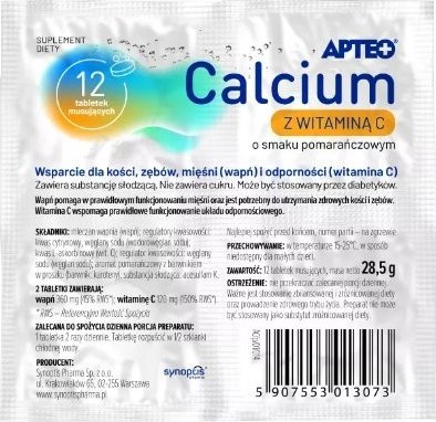 Synoptis Pharma Apteo Calcium z witaminą C o smaku pomarańczowym, 12 tabletek - Długi termin ważności! 1