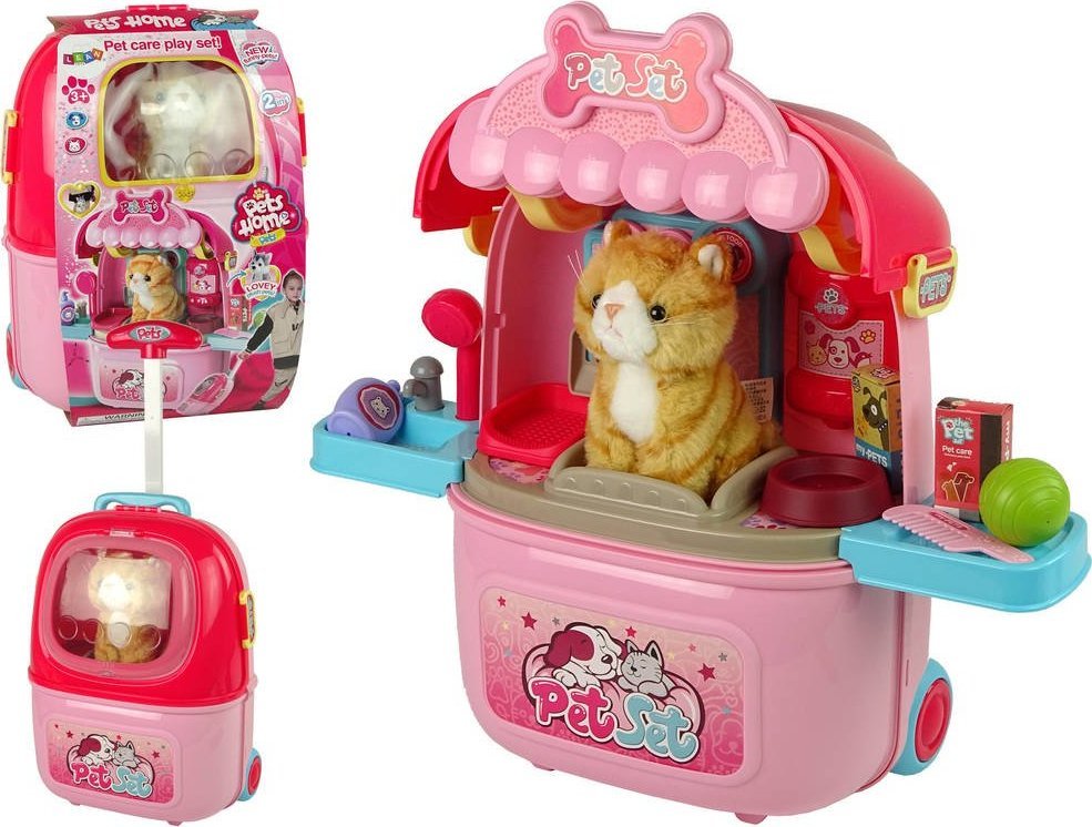 Figurka LeanToys Zestaw Salon Piękności Dla Kota Ruda Sierść Zwierzak w Walizce Plecak Różowy 1