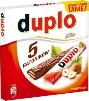 Wafel z orzechowym nadzieniem (17%) pokryty mleczną czekoladą (7%) Duplo 5x18,2 g 1