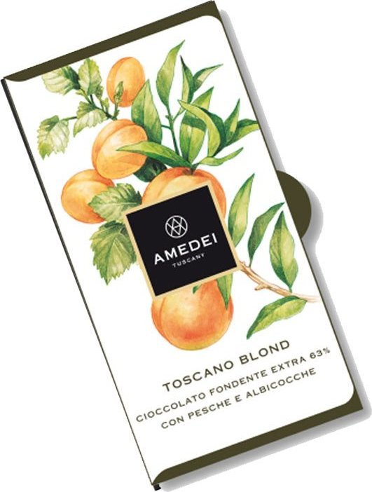 Toskańska Czekolada Gorzka 63% Kakao z Morelami i Brzoskwiniami Toscano Blond "Cioccolato Fondente Extra 63% con Pesche e Albicche" Amedei 1