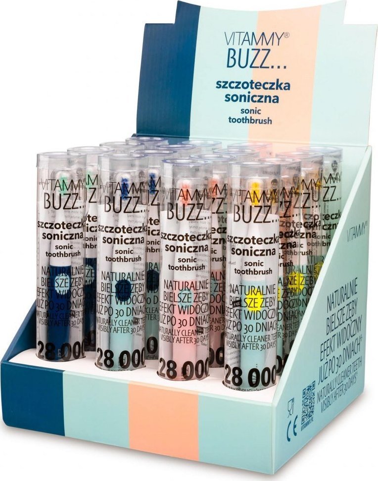 Szczoteczka Vitammy VITAMMY BUZZ /display 16 szt (4x4) Uniwersalna szczoteczka soniczna z 28 000 mikroruchów, 2 programami szczotkowania 1