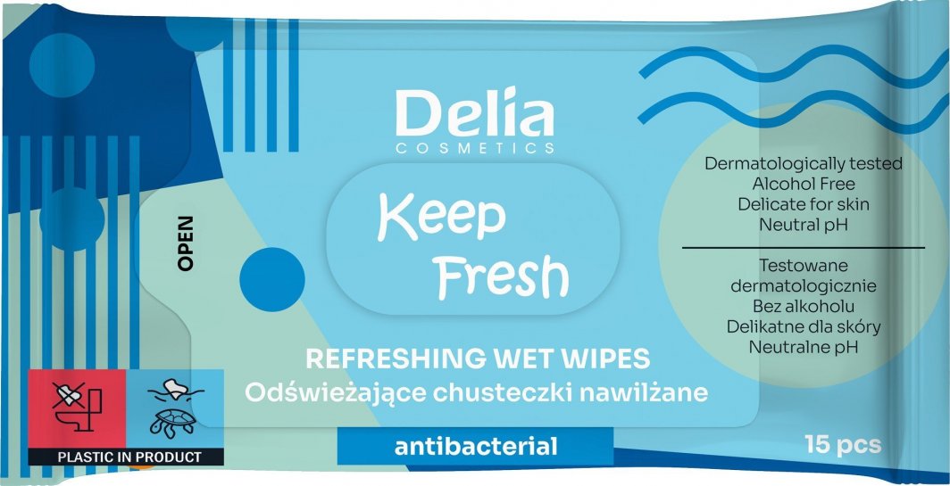 Delia Delia Cosmetics Keep Fresh Odświeżające Chusteczki nawilżane - Antibacterial 1op.-15szt 1