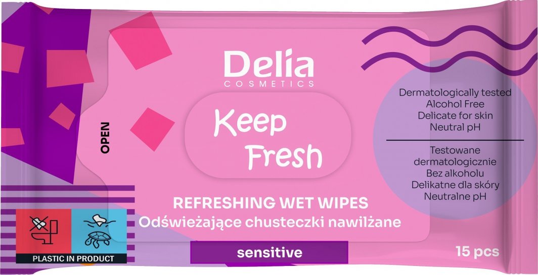 Delia Delia Cosmetics Keep Fresh Odświeżające Chusteczki nawilżane - Sensitive 1op.-15szt 1