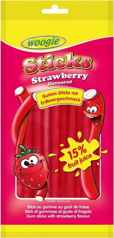 Woogie Woogie Strawberry Sticks Żelki Truskawkowe Nadziewane 80 g 1