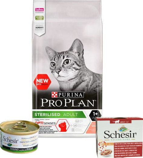 Purina Pro Plan PURINA Pro Plan Cat Sterilised Salmon 10kg + Karma mokra Schesir 2x 85g GRATIS 1