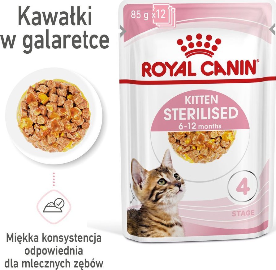 Royal Canin ROYAL CANIN Kitten Sterilised 12x85g karma mokra w galaretce dla kociąt do 12 miesiąca życia, sterylizowanych + Royal Canin Piłeczka dla kota GRATIS 1