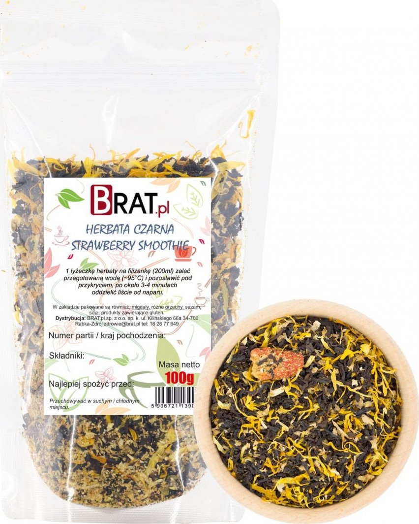 Brat Herbata czarna - Strawberry Smoothie 100g HERBATA INDYJSKA, LIOFILIZOWANE TRUSKAWKI 1