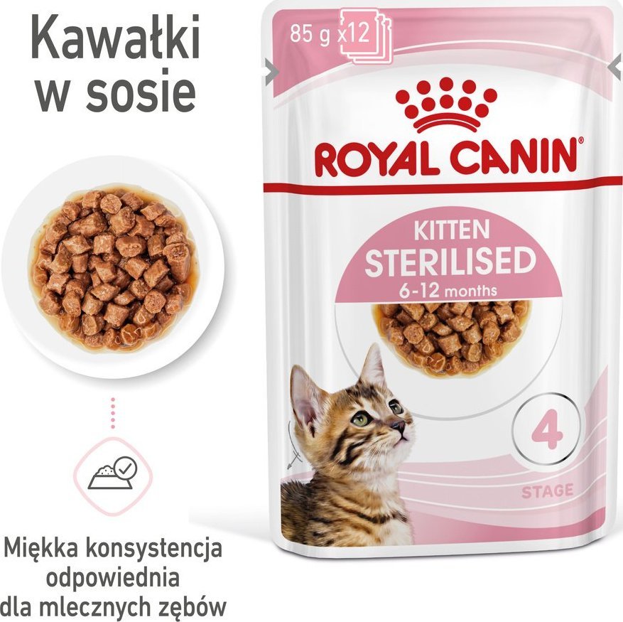 Royal Canin ROYAL CANIN Kitten Sterilised 12x85g karma mokra w sosie dla kociąt do 12 miesiąca życia, sterylizowanych + Royal Canin Piłeczka dla kota GRATIS 1