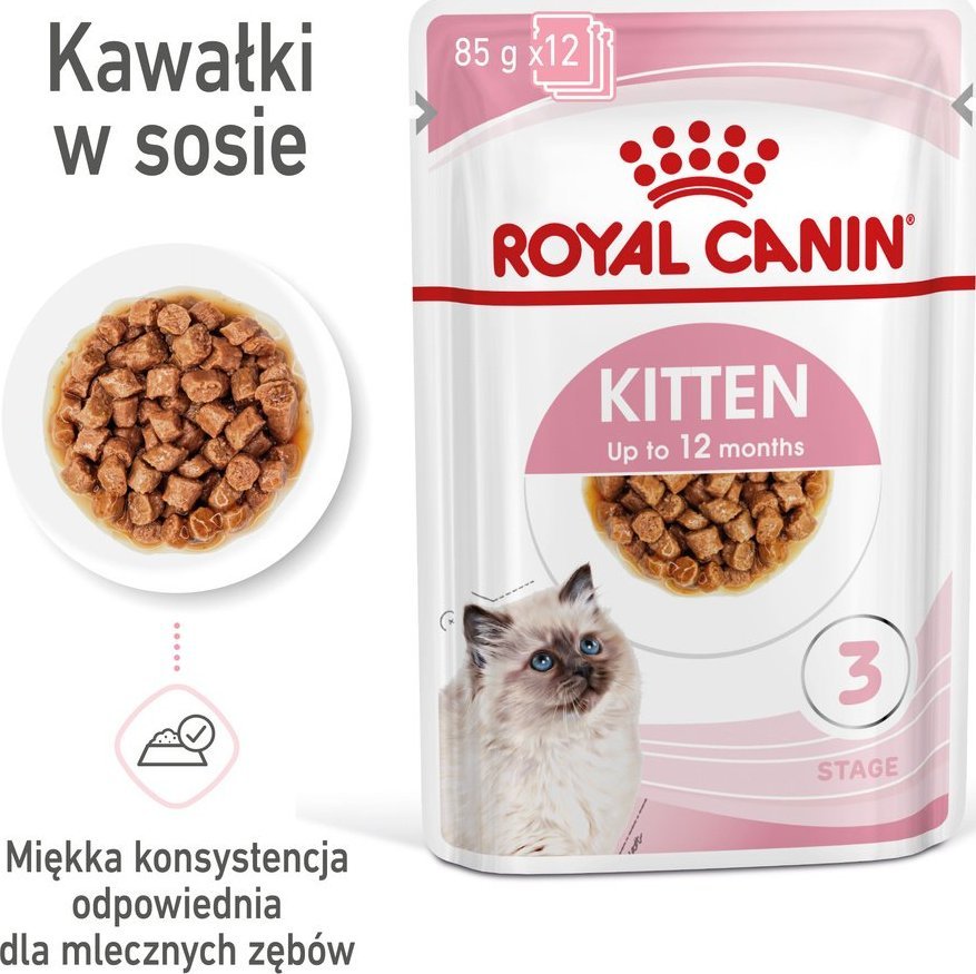 Royal Canin ROYAL CANIN Kitten Instinctive w sosie 12x85g karma mokra w sosie dla kociąt do 12 miesiąca życia + Royal Canin Piłeczka dla kota GRATIS 1