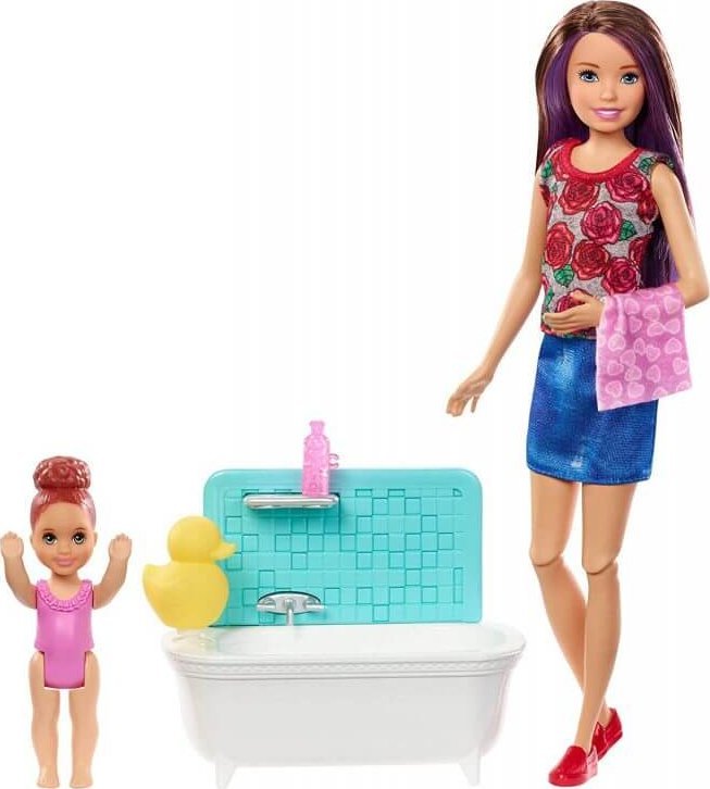 Lalka Barbie Barbie BARBIE SKIPPER ZESTAW LALKA OPIEKUNKA Z WANNĄ + DZIECKO FXH05 1