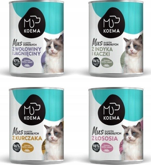 Koema Koema Mus dla kota mix 4 smaków 400g x 4 (kurczak, indyk z kaczką, wołowina z jagnięciną, łosoś) 1
