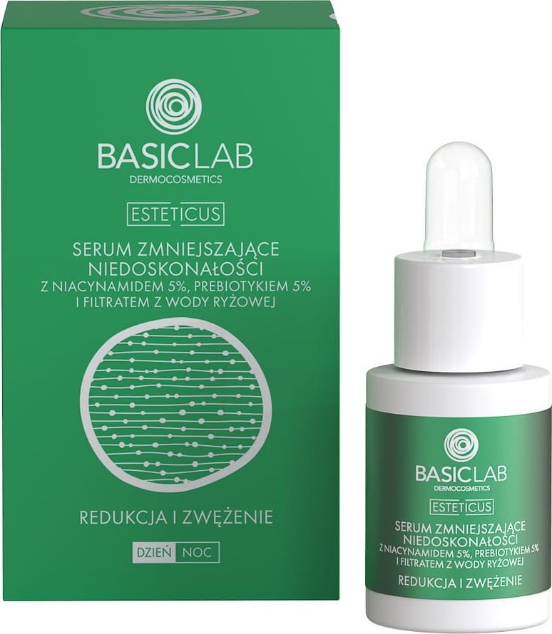 Basiclab BasicLab Esteticus Serum zmniejszające niedoskonałości z Niacynamidem 5%, Prebiotykiem 5% i filtratem wody ryżowej 15 ml 1
