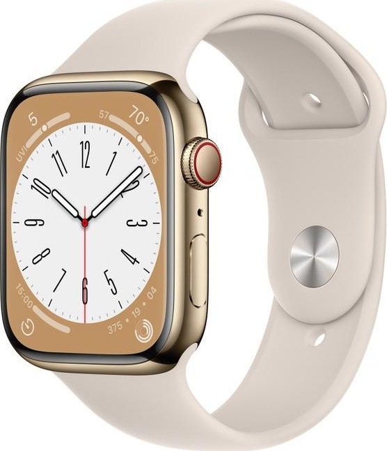 Smartwatch Apple Apple Watch Series 8 GPS + Cellular, 45 mm Koperta ze stali nierdzewnej w kolorze złotym z paskiem sportowym w kolorze księżycowej poś 1
