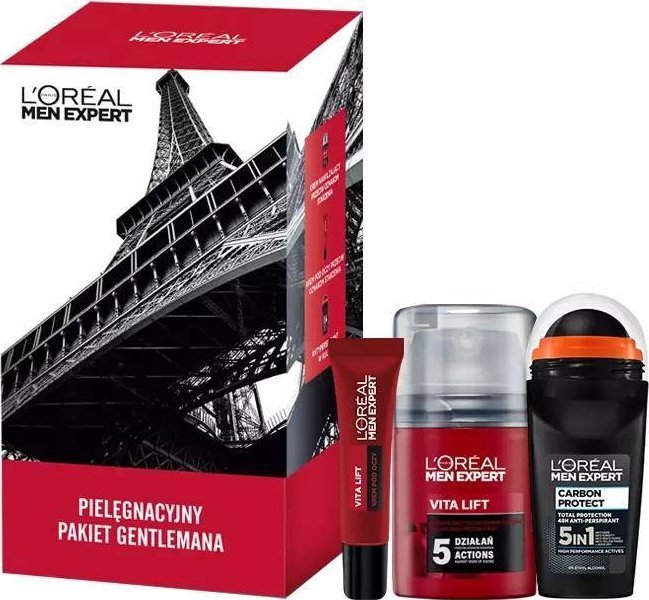 Men Expert Vita Lift zestaw krem nawilżający przeciw oznakom starzenia 50ml + krem pod oczy przeciw oznakom starzenia 15ml + Carbon Protect antyperspirant w kulce 50ml 1