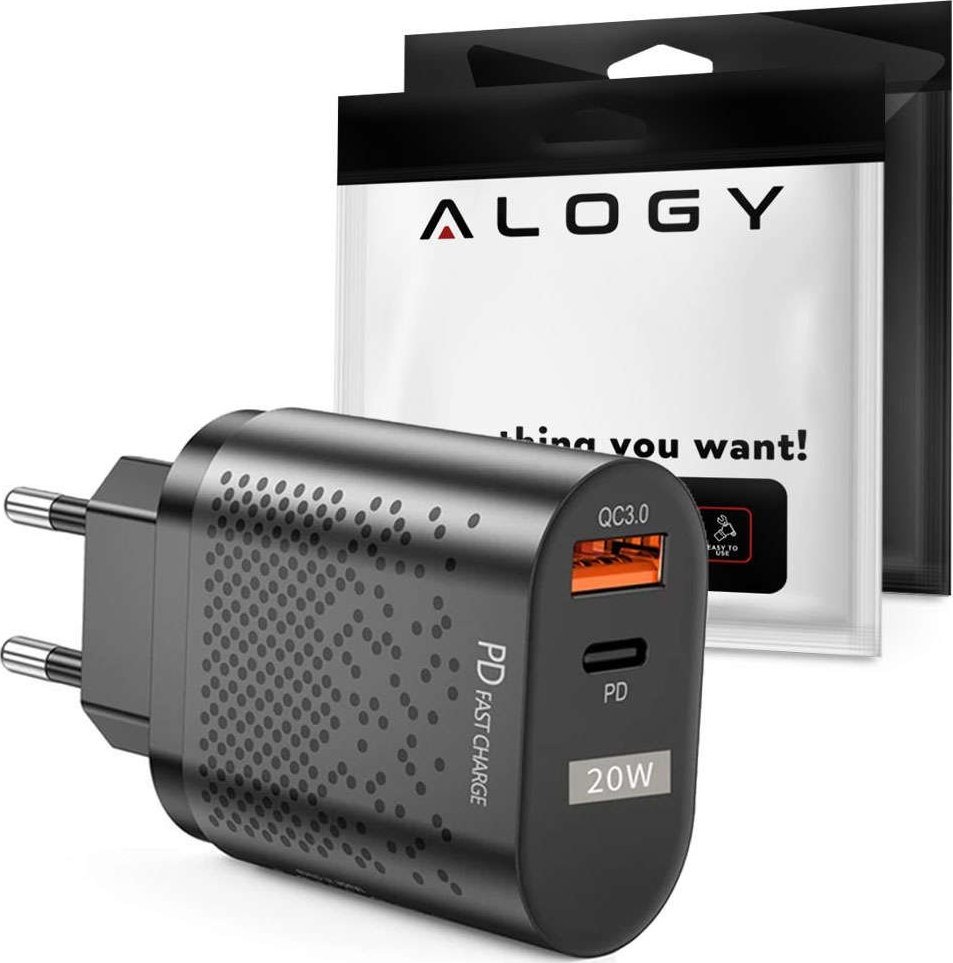 Ładowarka Alogy Ładowarka sieciowa Alogy szybka USB + USB-C Type C QC 3.0 PD 20W Czarna + Kabel USB-C 1