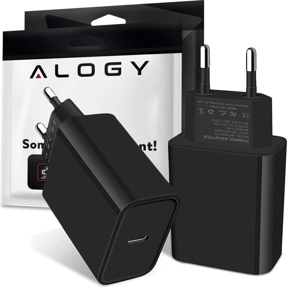 Ładowarka Alogy Ładowarka sieciowa Alogy szybka USB-C Type C PD 20W Czarna + Kabel USB-C 3A 60W 1m 1
