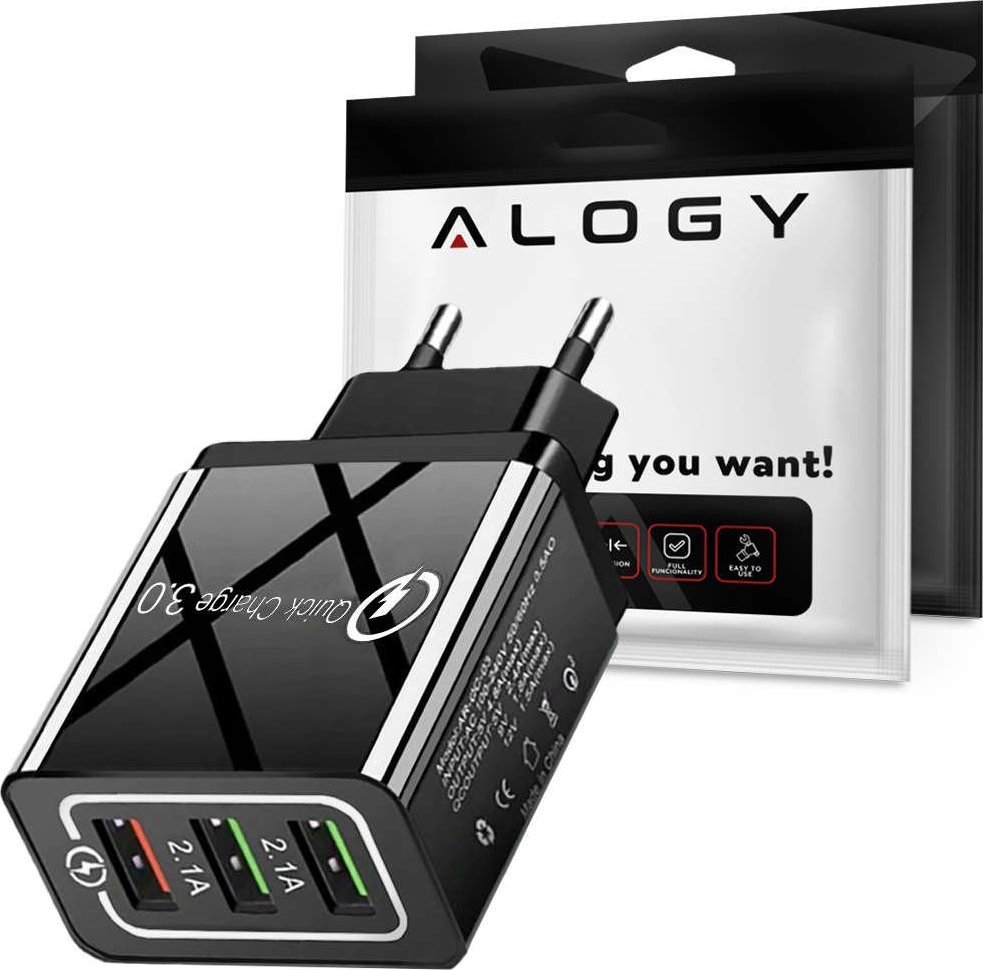 Ładowarka Alogy Ładowarka sieciowa Alogy szybka 3x USB-A Quick Charge QC 3.0 Czarna + Kabel USB-C 1