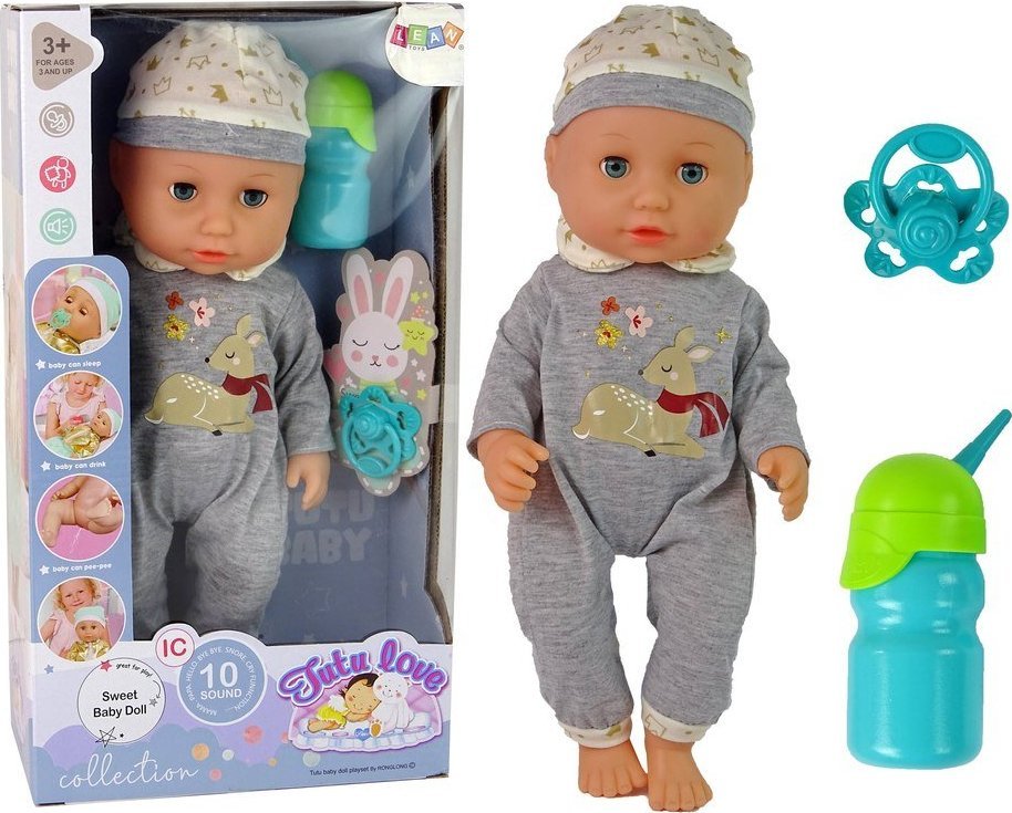 LeanToys Lalka Bobas Siusia Dźwięk Smoczek Butelka Szara Piżama 1