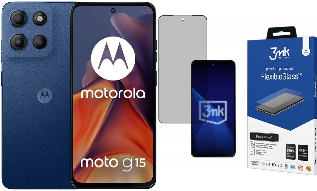 Smartfon Motorola Moto G15 8/128GB Granatowy  (PB6E0062PL) + FlexibleGlass 1