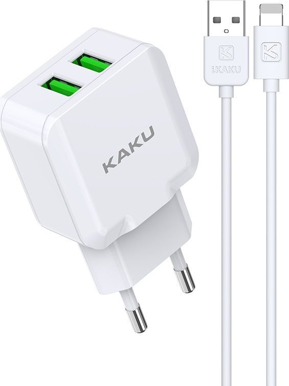 Ładowarka KAKU ŁADOWARKA SIECIOWA KSC-414 QIYUAN - 2XUSB - 10W 2,4A Z KABLEM USB NA LIGHTNING BIAŁA 1