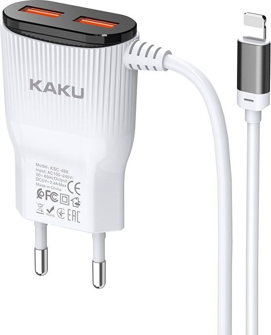 Ładowarka KAKU ŁADOWARKA SIECIOWA KSC-488 HONGTAI - 2XUSB - 2,4A Z KABLEM LIGHTNING BIAŁA 1