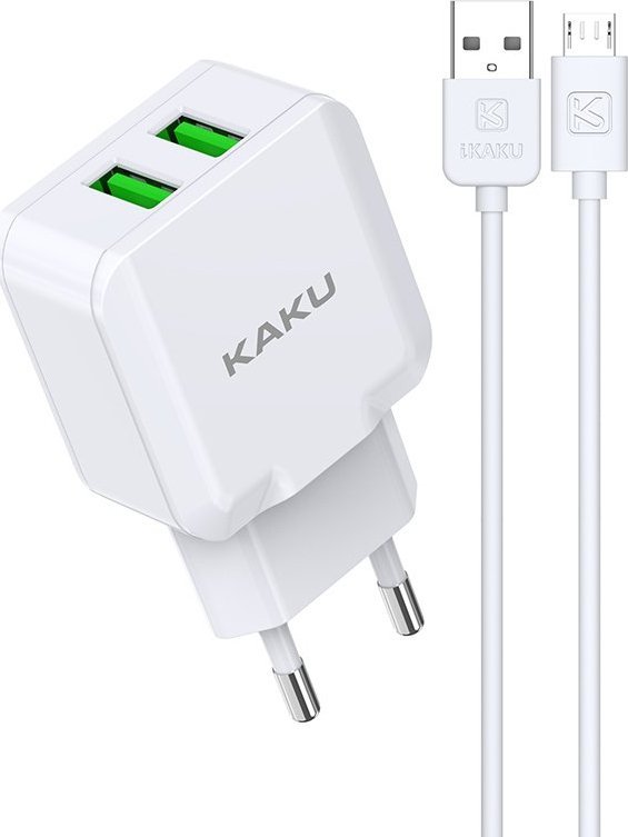 Ładowarka KAKU ŁADOWARKA SIECIOWA KSC-414 QIYUAN - 2XUSB - 10W 2,4A Z KABLEM USB NA MICRO USB BIAŁA 1