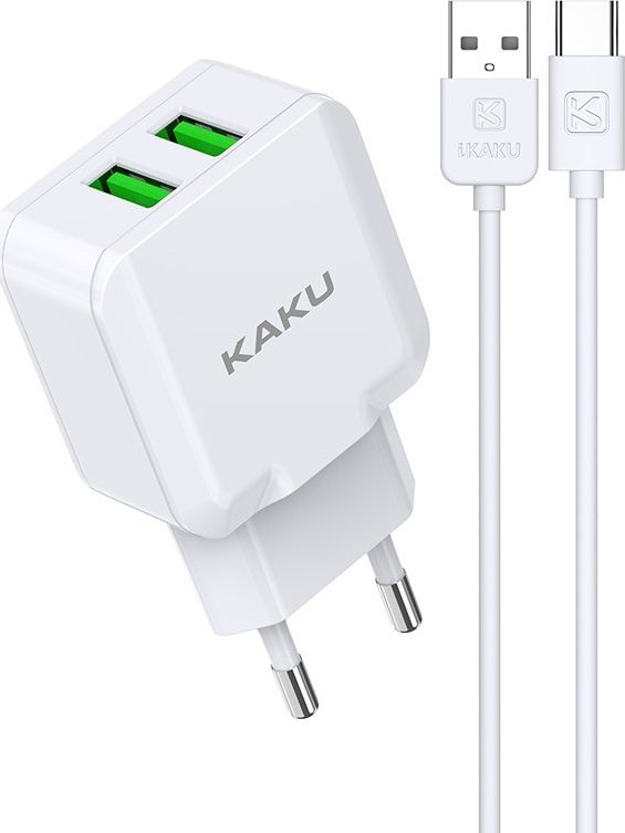 Ładowarka KAKU ŁADOWARKA SIECIOWA KSC-414 QIYUAN - 2XUSB - 10W 2,4A Z KABLEM USB NA TYP C BIAŁA 1