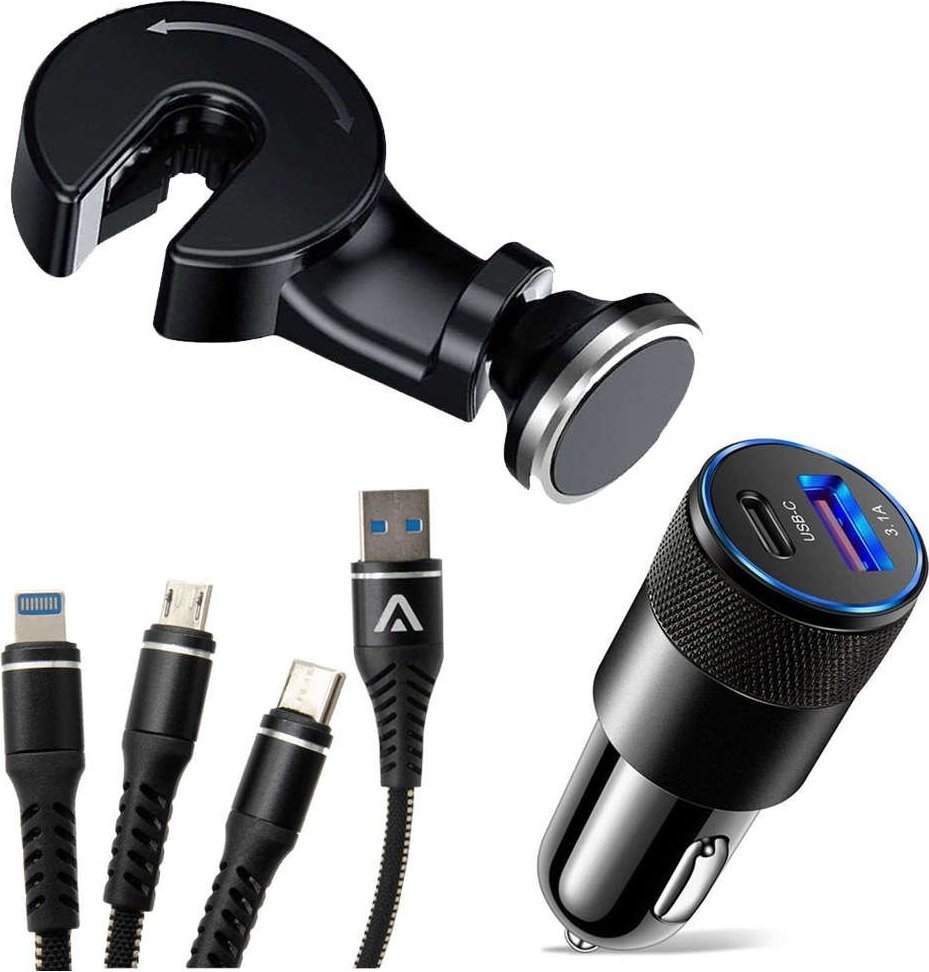 4kom.pl Uchwyt samochodowy Magnetyczny uniwersalny do telefonu na zagłówek Black + Kabel 3w1 + Ładowarka USB-C + USB 3.1A 1
