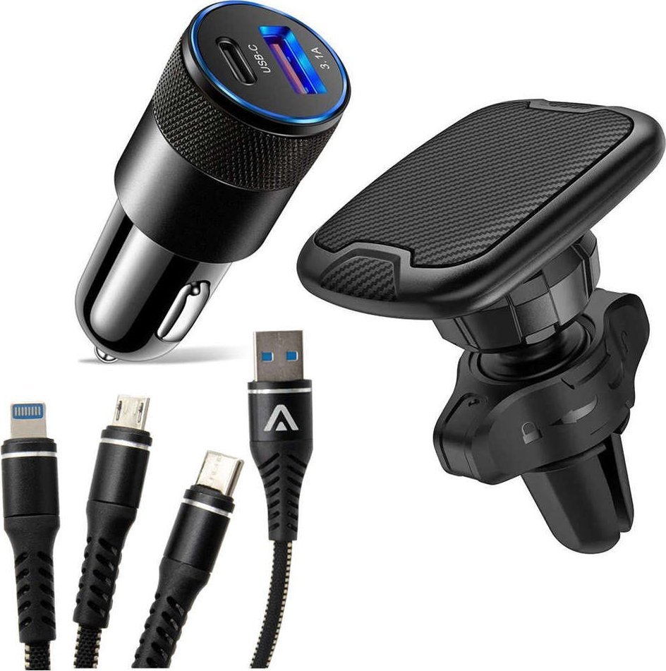 4kom.pl Uchwyt samochodowy Uniwersalny magnetyczny ML-133 na telefon do kratki Black + Kabel 3w1 + Ładowarka USB-C + USB 3.1A 1