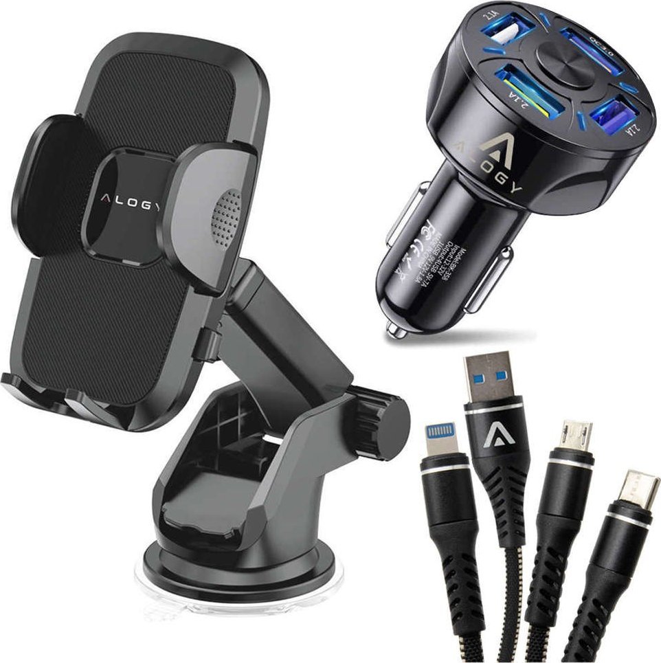 Alogy Uchwyt samochodowy Alogy do telefonu 4-7 cali na deskę rozdzielczą i szybę Czarny + Ładowarka 4x USB + Kabel 3w1 1