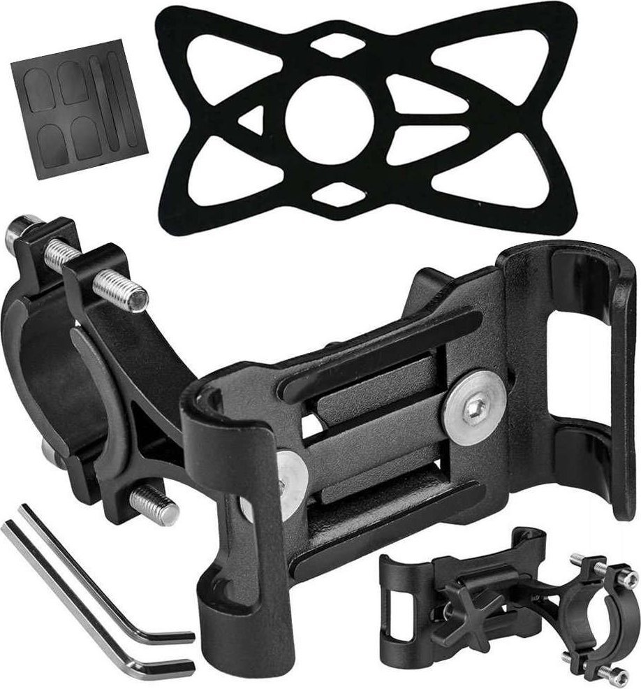 4kom.pl Uchwyt rowerowy metalowy na kierownicę do telefonu na rower motor hulajnogę czarny + Pasek bezpieczeństwa 1