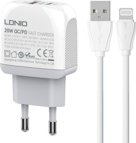 Ładowarka LDNIO Ładowarka sieciowa LDNIO A2316C USB, USB-C + kabel Lightning 1