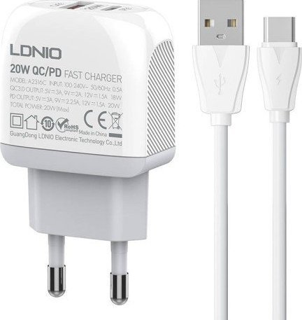 Ładowarka LDNIO Ładowarka sieciowa LDNIO A2316C USB, USB-C + kabel USB-C 1