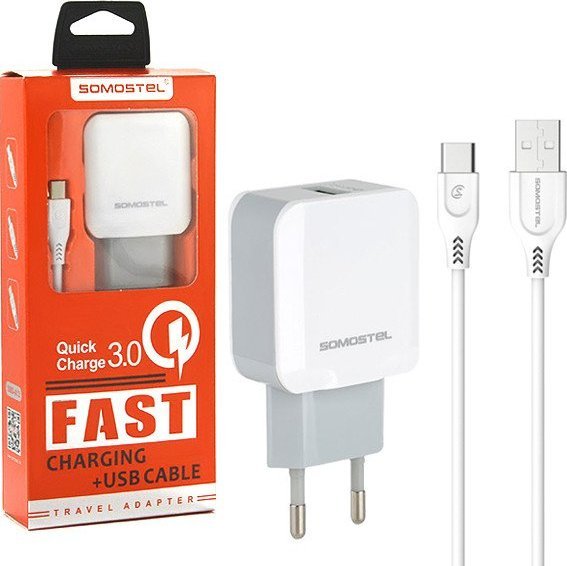 Ładowarka Vega ŁADOWARKA SIECIOWA 3A 18W + KABEL TYP-C BIAŁA SOMOSTEL QUICK 3.0 FAST CHARGER 3100mA QC 3.0 SMS-A12> 1