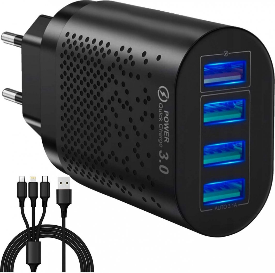 Ładowarka 4kom.pl Ładowarka sieciowa Szybka 4x USB QuickCharge 3.0 QC + Kabel 3w1 USB-C Lightning micro USB Czarna 1