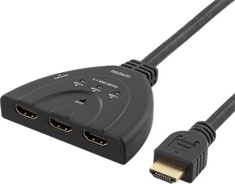 Deltaco DELTACO HDMI Switch, 3 inputs to 1 output, 4K at 60Hz, 0.5m cable, 7.1 audio, Ultra HD, juodas / HDMI-7044 1