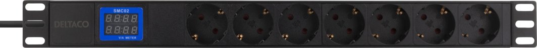 Deltaco 7-vietų 19" galios paskirstymo įtaisas, 2500W, CEE 7/3, skaitmeninis voltų / amperų skaitiklis DELTACO juoda / GT-8638 1