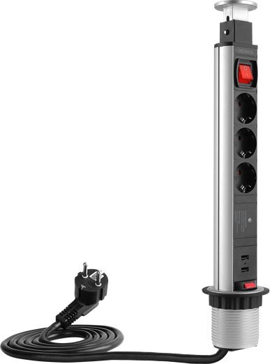 Deltaco Iššokanti maitinimo juosta DELTACO OFFICE su apsauga nuo viršįtampių, 3x EU kištukai, 2x USB, juoda/sidabrinė / DELO-0402 1