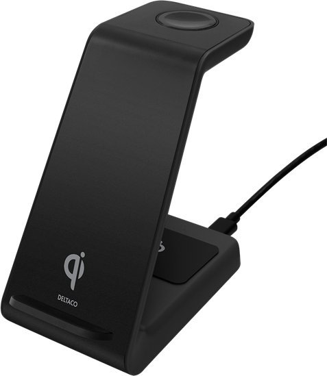 Ładowarka Deltaco 3-in-1 belaidis įkroviklis DELTACO 15 W, USB-C, Qi sertifikuotas, LED indikatorius, juodas / QI-1037 1
