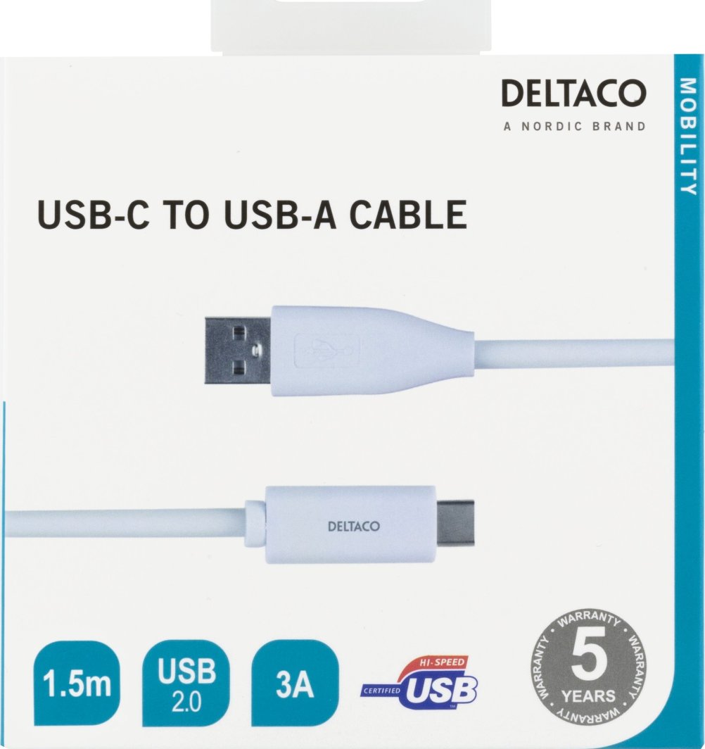 Kabel USB Deltaco USB-C do USB Kabel 1,5m 3A biały
