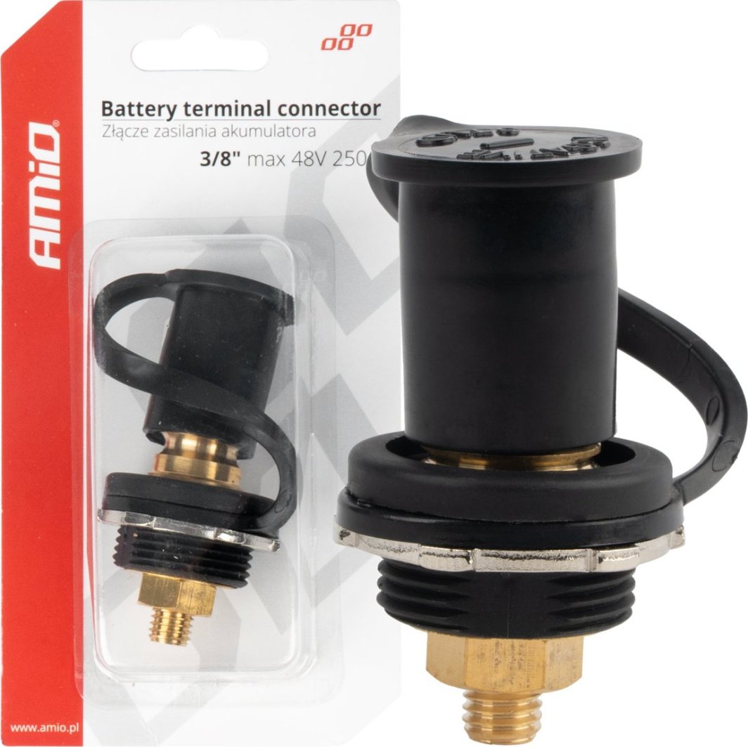 AMiO Złącze zasilania akumulatora czarne minus z zaślepką 3/8 m10 12v 24v 48v 250a amio-03813 1