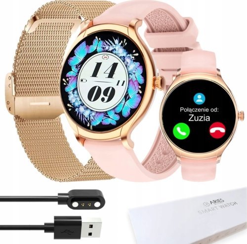 Smartwatch Techonic WYP ZEGAREK SMARTWATCH ARIES WATCHES KM30 RÓŻOWY SILIKONOWY PASEK + DODATKOWA BRANSOETA (złoty) 1