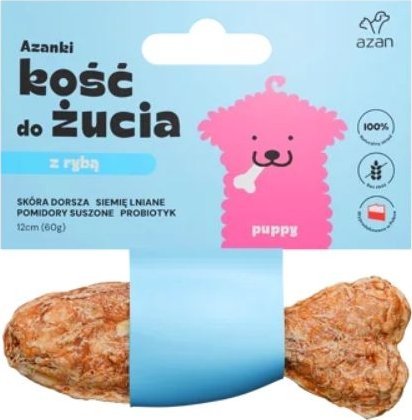 AZAN AZAN - Kość do żucia Puppy ze skórą dorsza, siemieniem lnianym, pomidorami suszonymi i probiotykiem 12cm 1