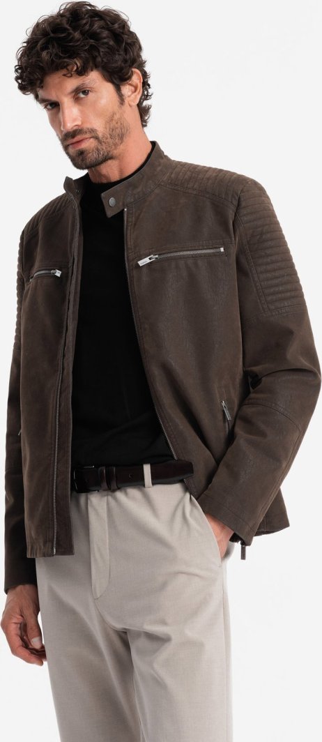 Kurtka męska Ombre Męska kurtka biker w stylu retro ze stójką  brązowa V1 OM-JAFL-0197 L 1