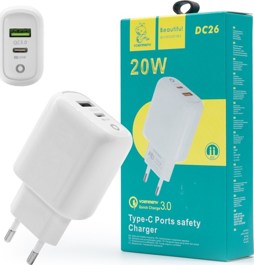 Ładowarka . DENMEN ŁADOWARKA SIECIOWA  DUAL USB + USB-C 40W DC26 1