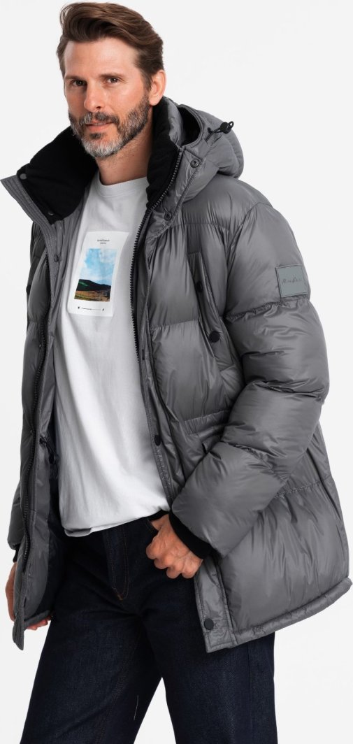Kurtka męska Ombre Długa kurtka męska puffer z zapinanymi kieszeniami  grafitowa V1 OM-JALJ-0186 XL 1