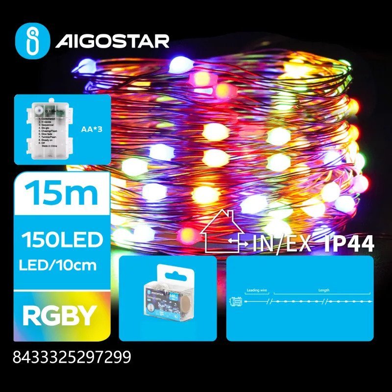 Lampki choinkowe Aigostar  Lampki choinkowe 150 led na baterie 3xAA 15 m Multikolor 8 trybów Lampki choinkowe 150 led na baterie 3xAA 15 m Multikolor 8 trybów 1