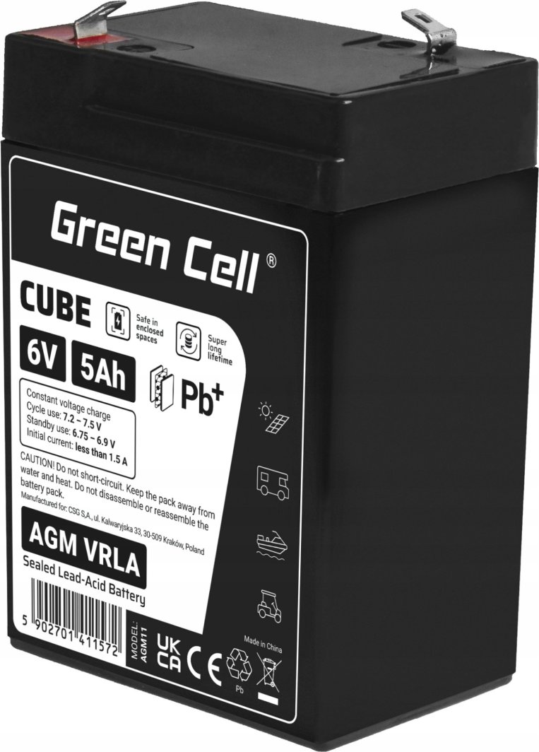 Green Cell Green Cell Cube AGM VRLA IP54 6V 5Ah bezobsługowy akumulator do systemu alarmowego kasy fiskalnej zabawki 1