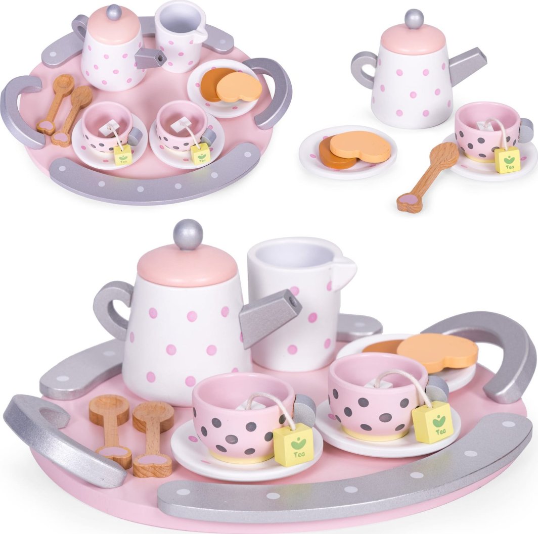 Ecotoys Drewniany zestaw do herbaty filiżanki czajnik 15 elementów ECOTOYS
