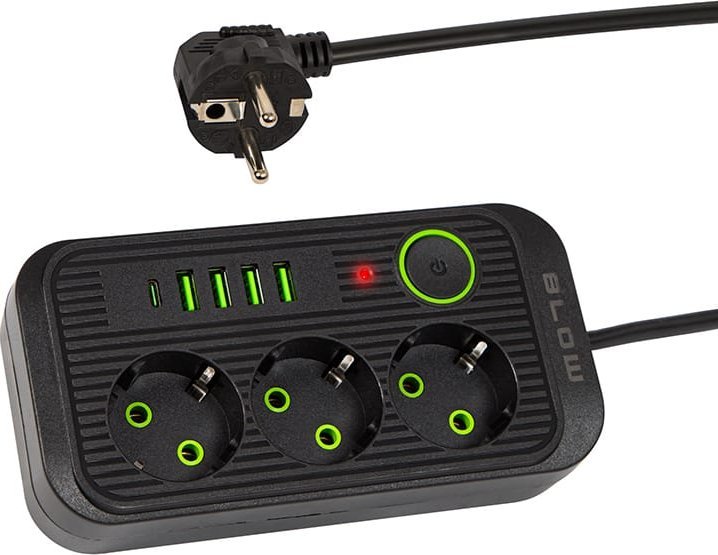 Blow 98-235# Przedłużacz sieciowy ps-350u 3-gniazda 4xusb 1xusb-c 5m czarny 2x1mm 1